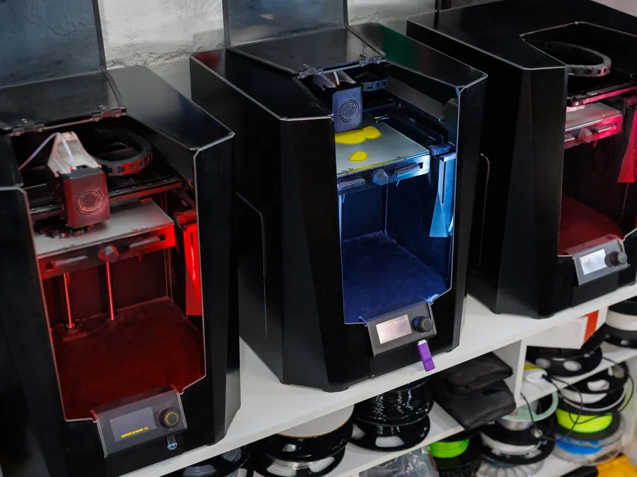 Drie 3D printers op een rek